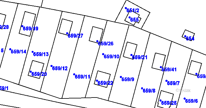 Parcela st. 659/10 v KÚ Kanice, Katastrální mapa