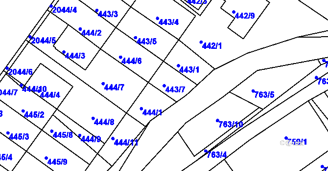 Parcela st. 443/7 v KÚ Kaplice, Katastrální mapa