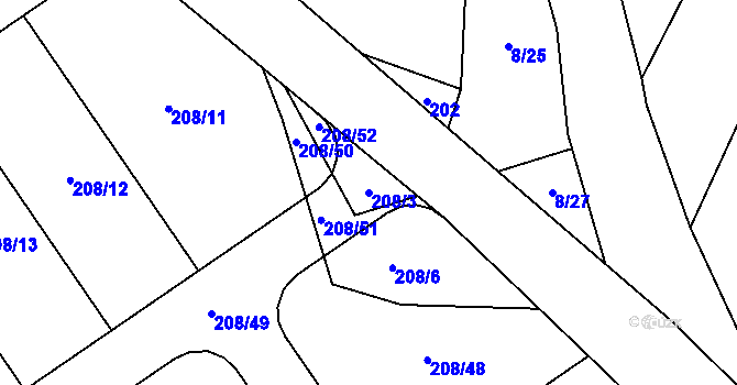 Parcela st. 208/3 v KÚ Mostky, Katastrální mapa