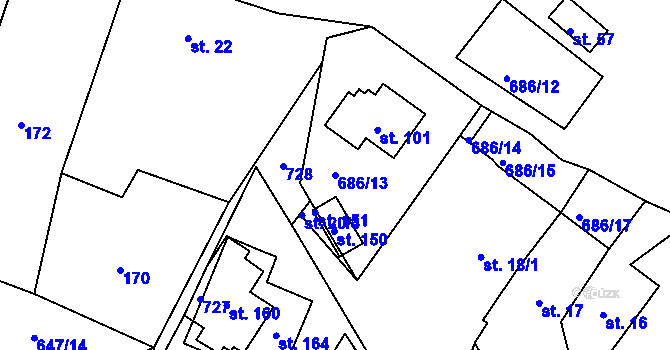Parcela st. 686/13 v KÚ Karlov, Katastrální mapa