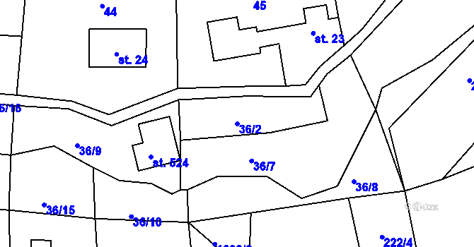 Parcela st. 36/2 v KÚ Karlovice, Katastrální mapa