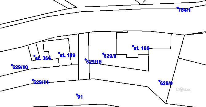 Parcela st. 629/8 v KÚ Karlovice, Katastrální mapa