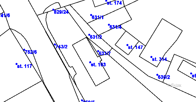 Parcela st. 631/7 v KÚ Karlovice, Katastrální mapa