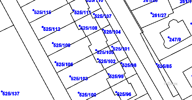 Parcela st. 525/105 v KÚ Dvory, Katastrální mapa
