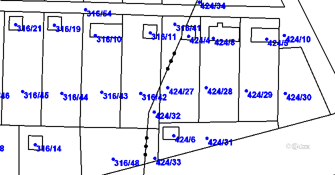 Parcela st. 424/27 v KÚ Dvory, Katastrální mapa