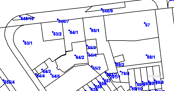 Parcela st. 65/3 v KÚ Dvory, Katastrální mapa
