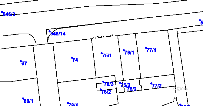 Parcela st. 75/1 v KÚ Dvory, Katastrální mapa
