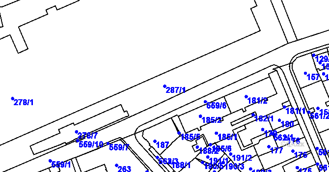 Parcela st. 287/1 v KÚ Dvory, Katastrální mapa