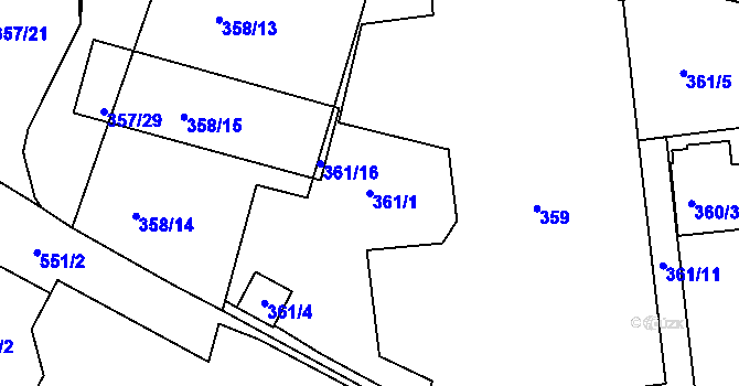 Parcela st. 361/1 v KÚ Dvory, Katastrální mapa