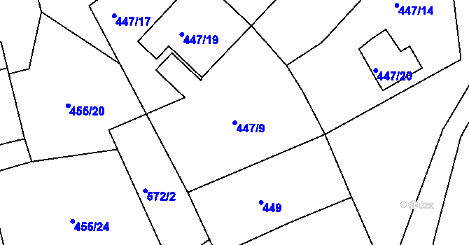 Parcela st. 447/9 v KÚ Dvory, Katastrální mapa