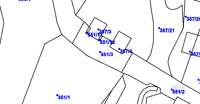Parcela st. 551/3 v KÚ Dvory, Katastrální mapa