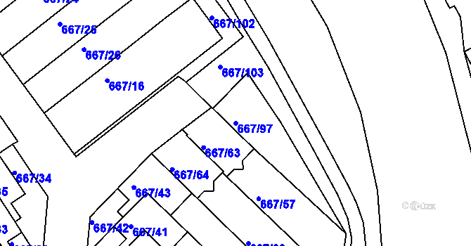 Parcela st. 667/97 v KÚ Rybáře, Katastrální mapa