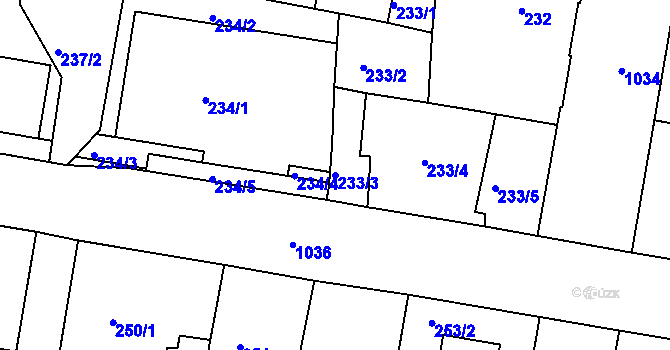 Parcela st. 233/3 v KÚ Rybáře, Katastrální mapa