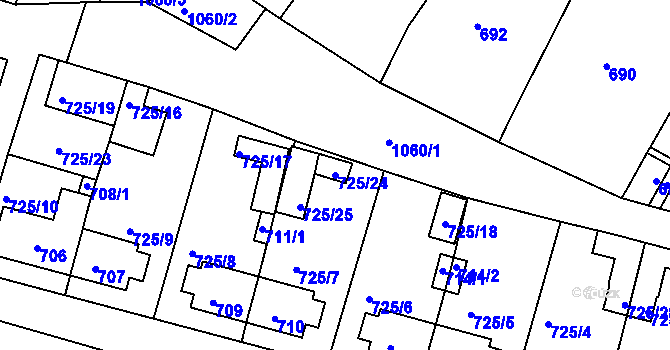 Parcela st. 725/24 v KÚ Rybáře, Katastrální mapa