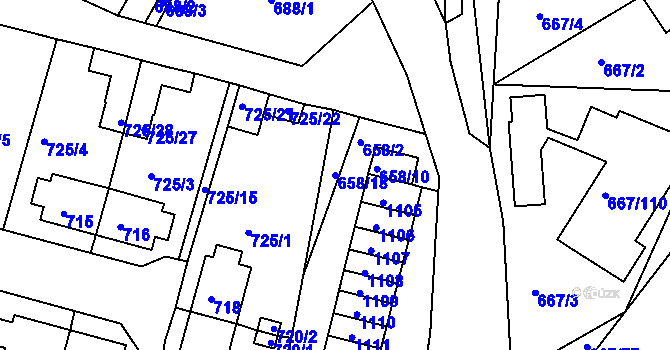 Parcela st. 658/18 v KÚ Rybáře, Katastrální mapa