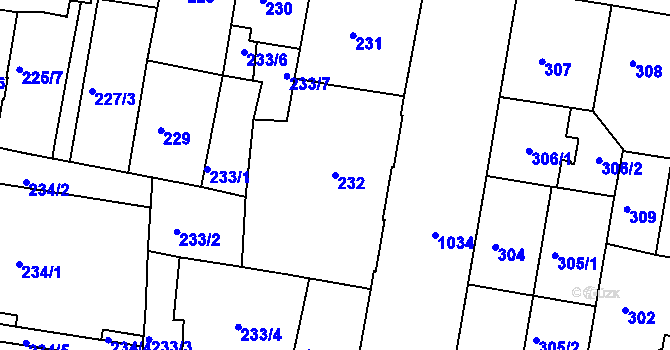Parcela st. 232 v KÚ Rybáře, Katastrální mapa