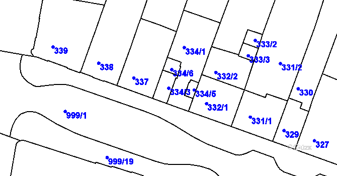 Parcela st. 334/3 v KÚ Rybáře, Katastrální mapa