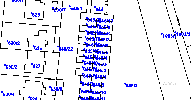 Parcela st. 645/5 v KÚ Rybáře, Katastrální mapa
