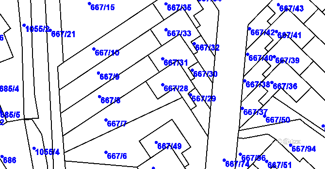 Parcela st. 667/28 v KÚ Rybáře, Katastrální mapa
