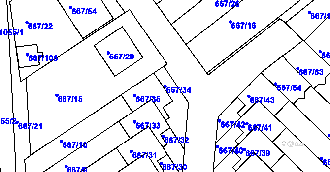 Parcela st. 667/34 v KÚ Rybáře, Katastrální mapa