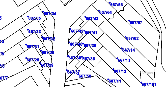 Parcela st. 667/39 v KÚ Rybáře, Katastrální mapa