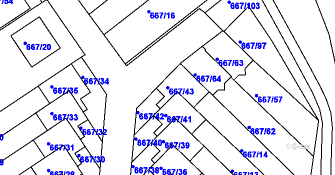 Parcela st. 667/43 v KÚ Rybáře, Katastrální mapa