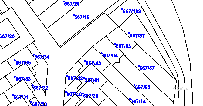 Parcela st. 667/64 v KÚ Rybáře, Katastrální mapa
