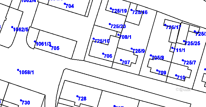 Parcela st. 706 v KÚ Rybáře, Katastrální mapa