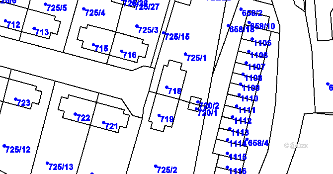 Parcela st. 718 v KÚ Rybáře, Katastrální mapa