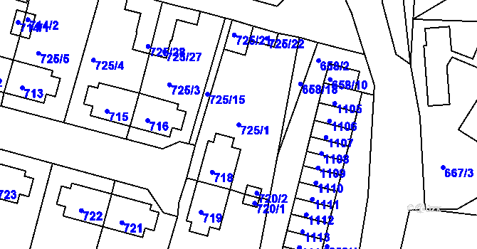 Parcela st. 725/1 v KÚ Rybáře, Katastrální mapa