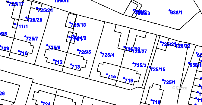 Parcela st. 725/4 v KÚ Rybáře, Katastrální mapa