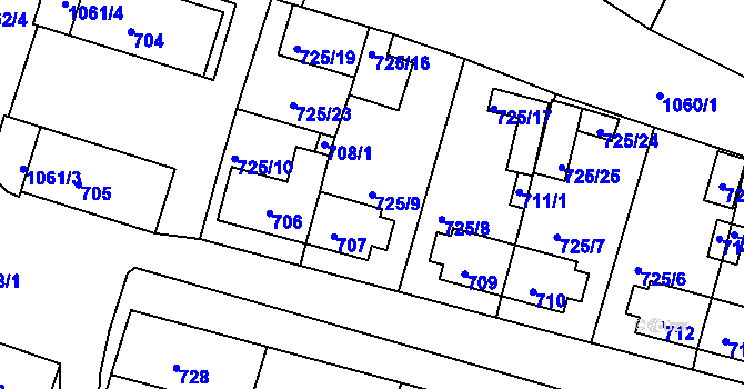 Parcela st. 725/9 v KÚ Rybáře, Katastrální mapa