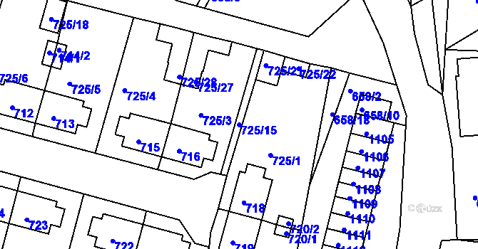 Parcela st. 725/15 v KÚ Rybáře, Katastrální mapa