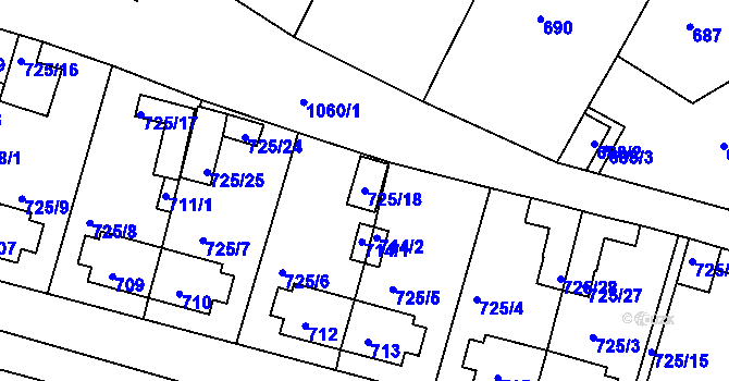 Parcela st. 725/18 v KÚ Rybáře, Katastrální mapa