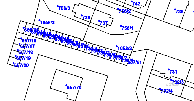 Parcela st. 733/2 v KÚ Rybáře, Katastrální mapa