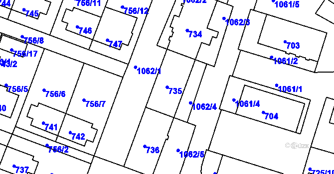 Parcela st. 735 v KÚ Rybáře, Katastrální mapa