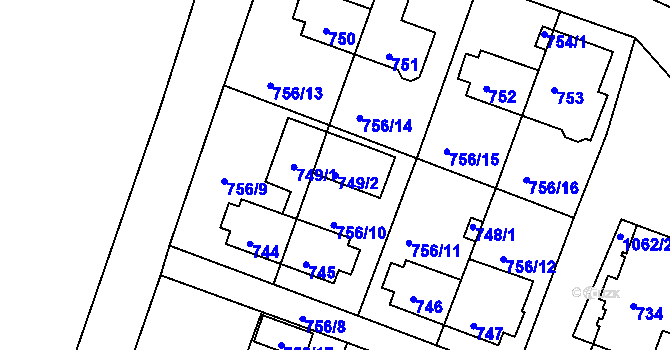 Parcela st. 749/2 v KÚ Rybáře, Katastrální mapa