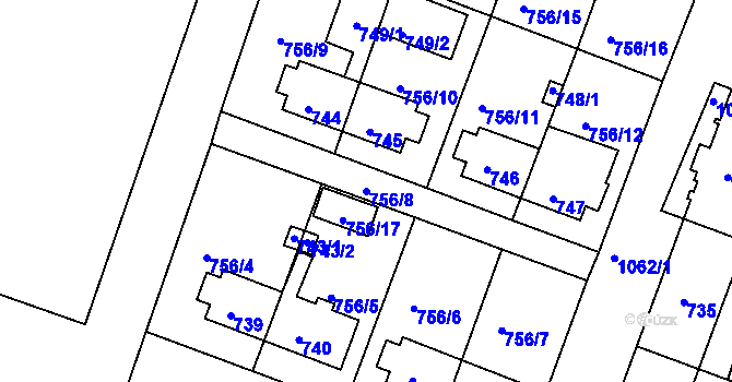 Parcela st. 756/8 v KÚ Rybáře, Katastrální mapa