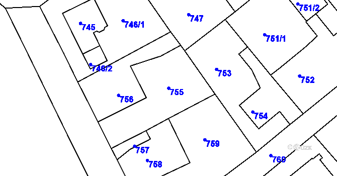 Parcela st. 755 v KÚ Drahovice, Katastrální mapa