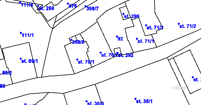 Parcela st. 70/2 v KÚ Budňany, Katastrální mapa