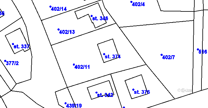 Parcela st. 374 v KÚ Kařez, Katastrální mapa
