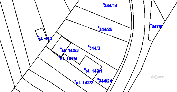 Parcela st. 344/3 v KÚ Kařez, Katastrální mapa