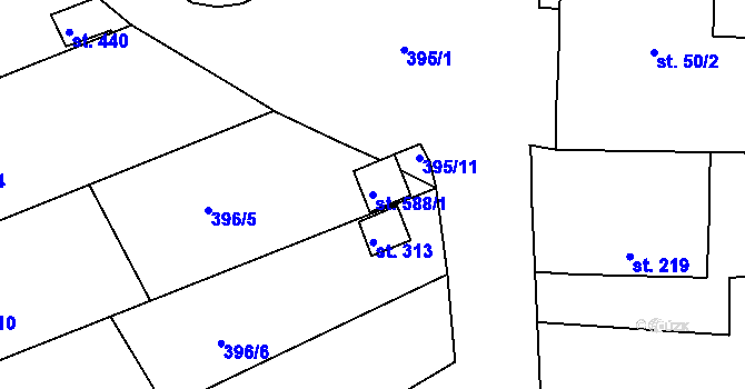 Parcela st. 588/1 v KÚ Kařez, Katastrální mapa