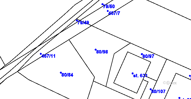 Parcela st. 80/98 v KÚ Kařez, Katastrální mapa
