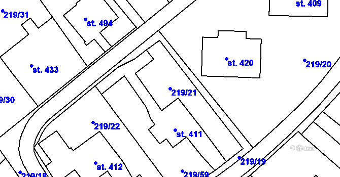 Parcela st. 219/21 v KÚ Kašava, Katastrální mapa