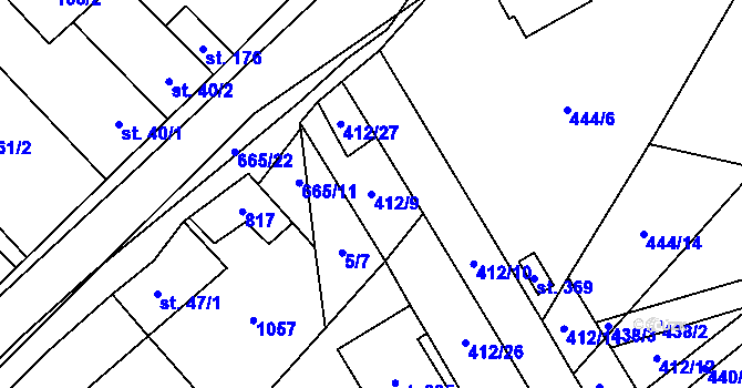 Parcela st. 412/9 v KÚ Katusice, Katastrální mapa