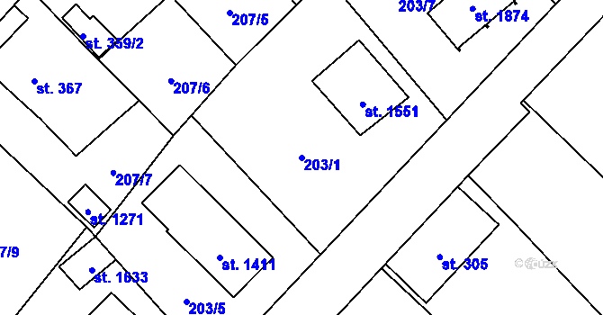 Parcela st. 203/1 v KÚ Kdyně, Katastrální mapa