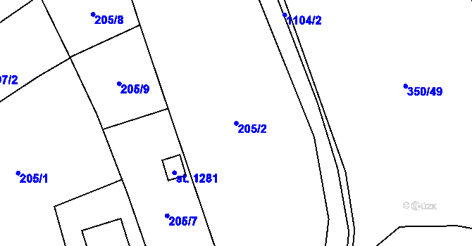 Parcela st. 205/2 v KÚ Kdyně, Katastrální mapa