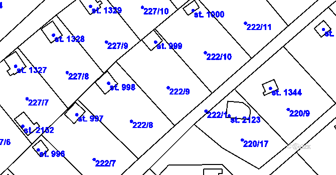 Parcela st. 222/9 v KÚ Kdyně, Katastrální mapa