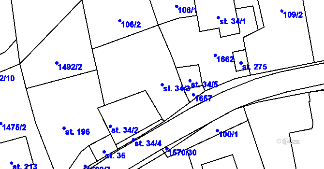 Parcela st. 34/3 v KÚ Kladeruby, Katastrální mapa